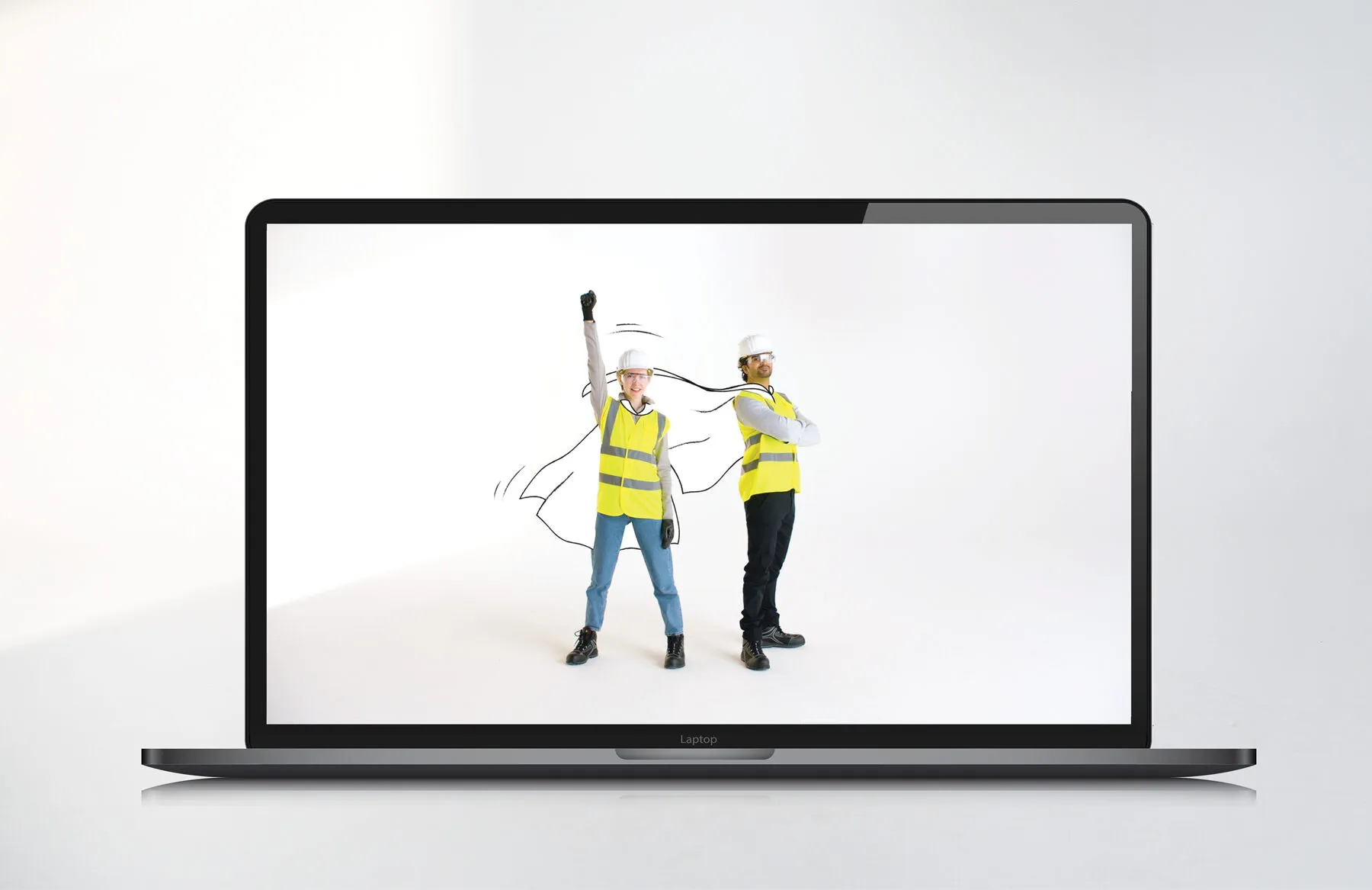 A laptop showing two hi-vis workers, one wearing an illustrated cape