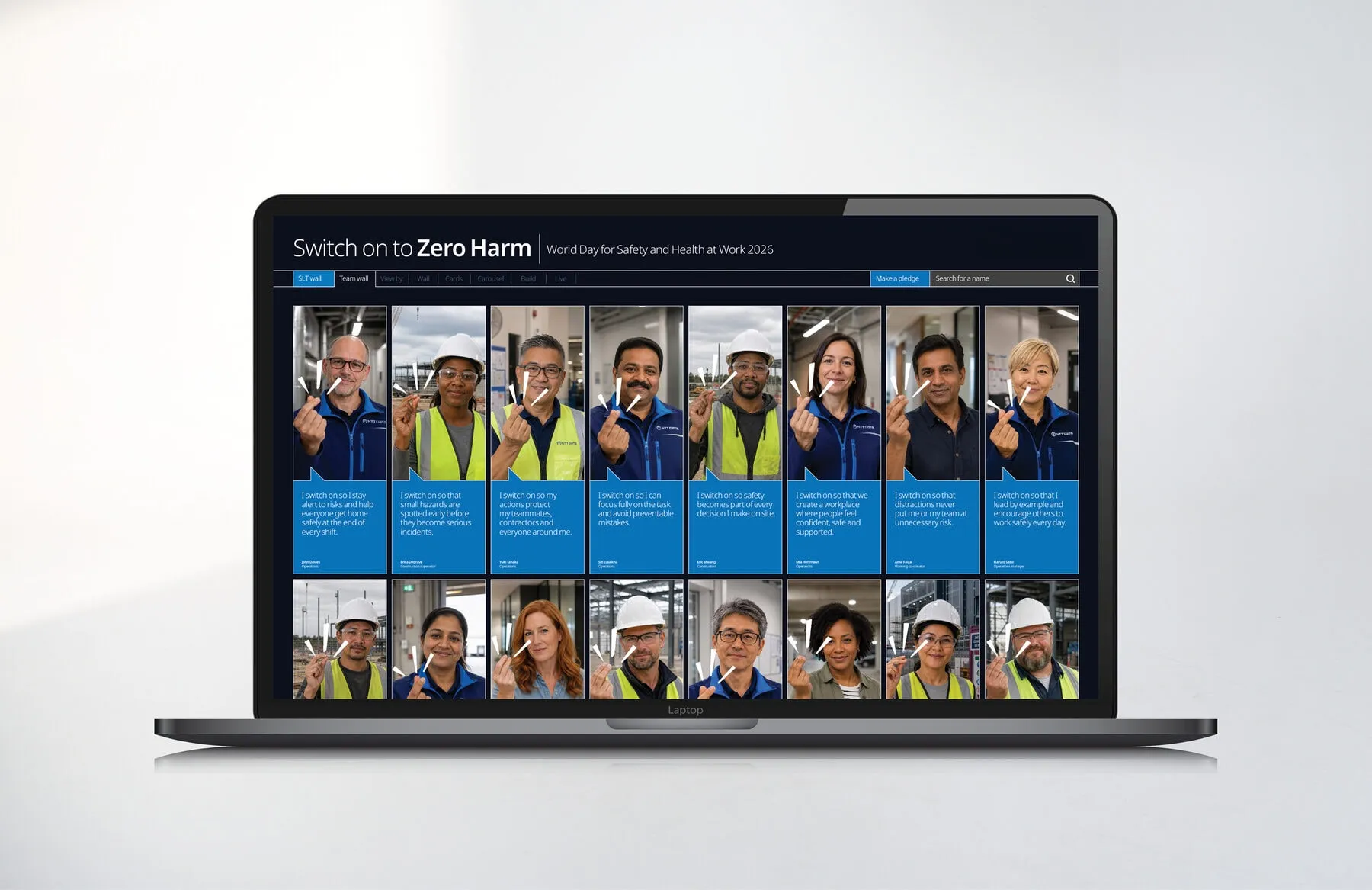 A laptop showing the global selfie pledge wall for World Day for Safety and Health at Work