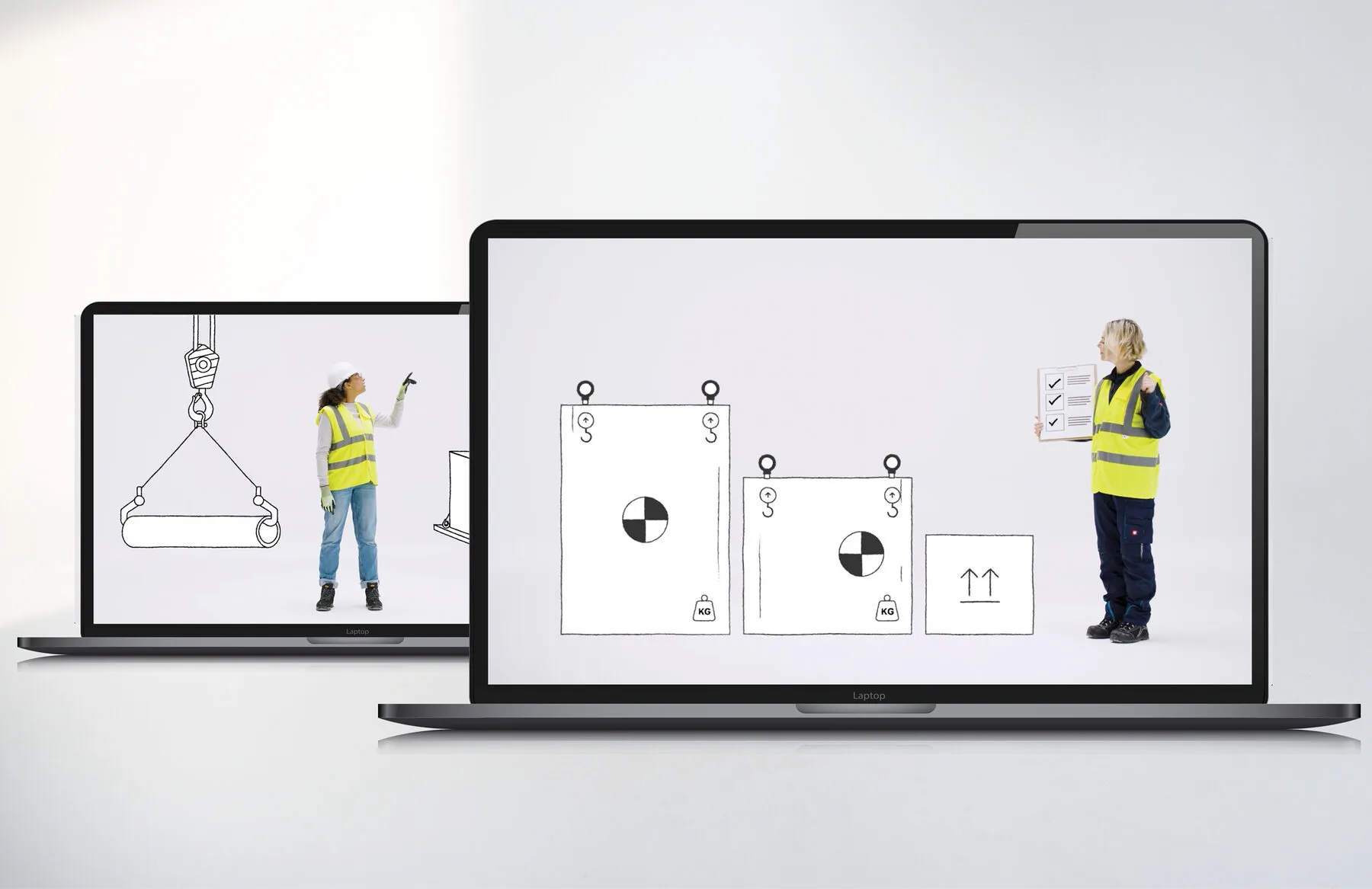Laptops showing high-risk activity safety illustrations beside a worker in hi-vis